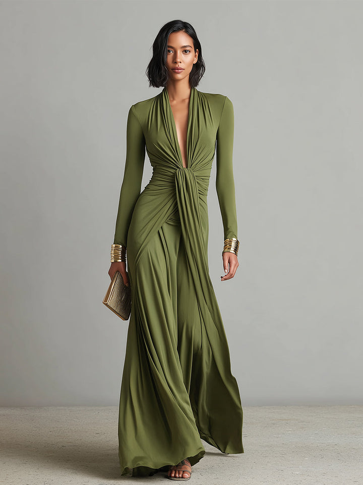 Vestido Maxi de Seda Oliva con Escote en V