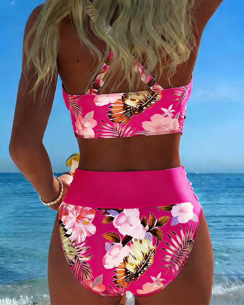 Bikini Contraste Patrón de Flores Dividido