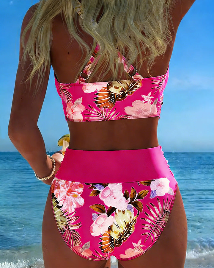 Bikini Contraste Patrón de Flores Dividido