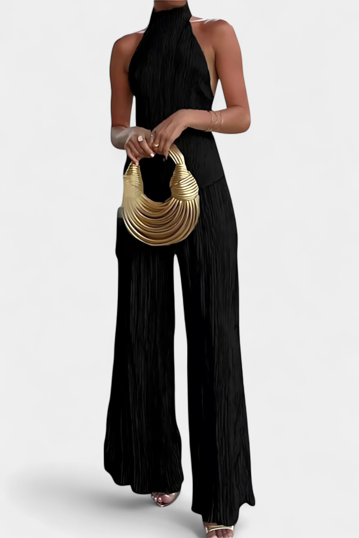 Pilarica Conjunto Plisado con Top Asimétrico Halter y Pantalón Fluido