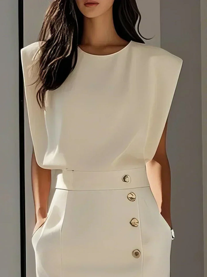 Marlene™ | Vestido Midi Sólido con Abertura de Botón y Escote Redondo