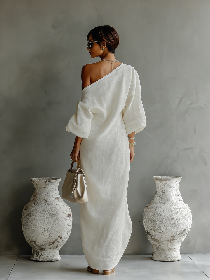 Vestido de lino color marfil sin hombros