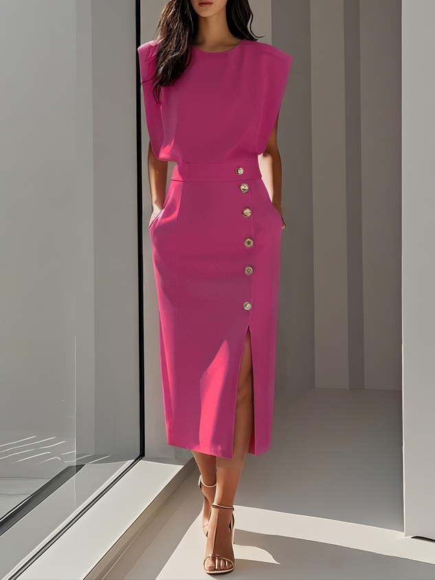 Marlene™ | Vestido Midi Sólido con Abertura de Botón y Escote Redondo