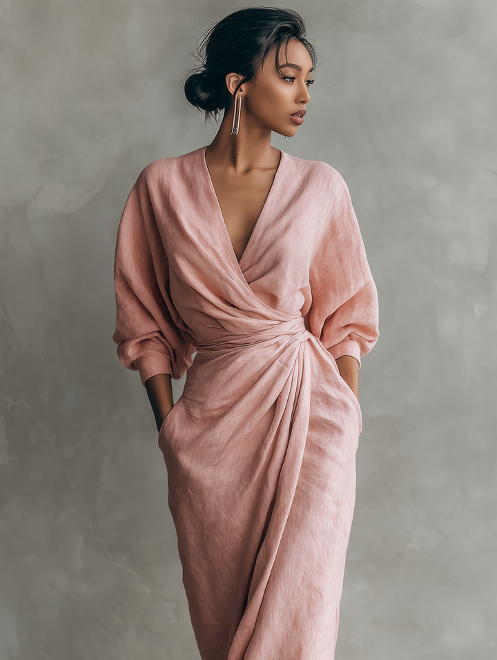 Vestido Maxi de Lino Rosa con Escote en V