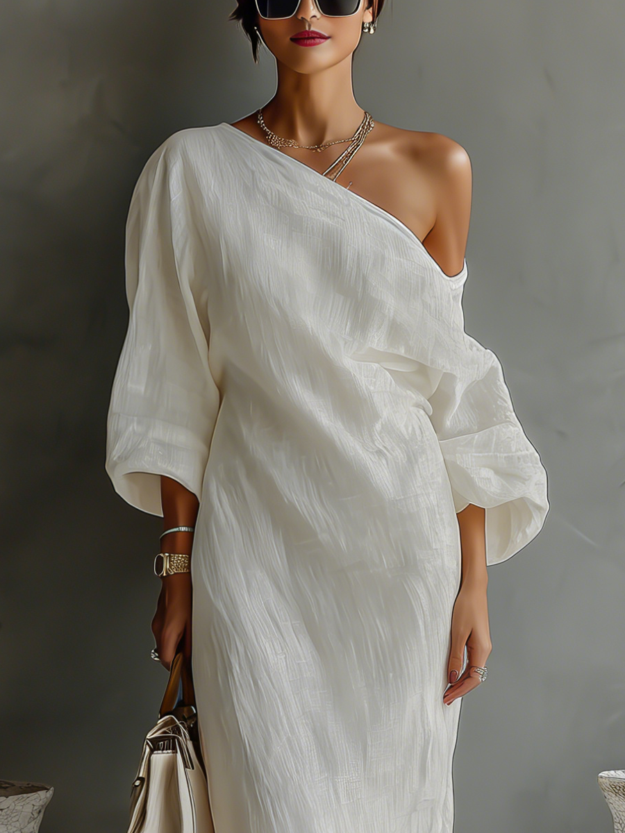 Vestido de lino color marfil sin hombros