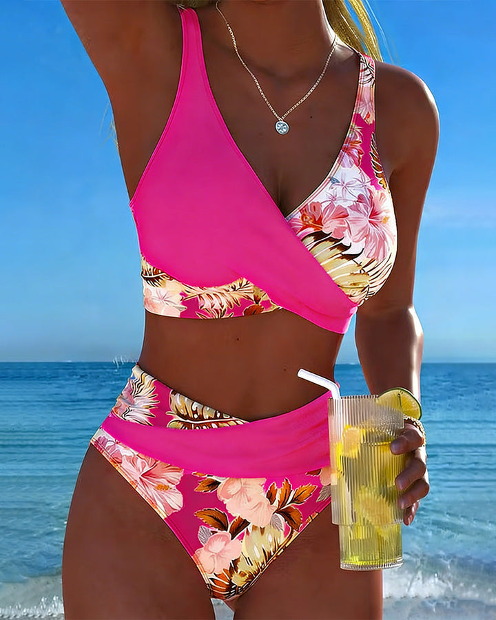 Bikini Contraste Patrón de Flores Dividido