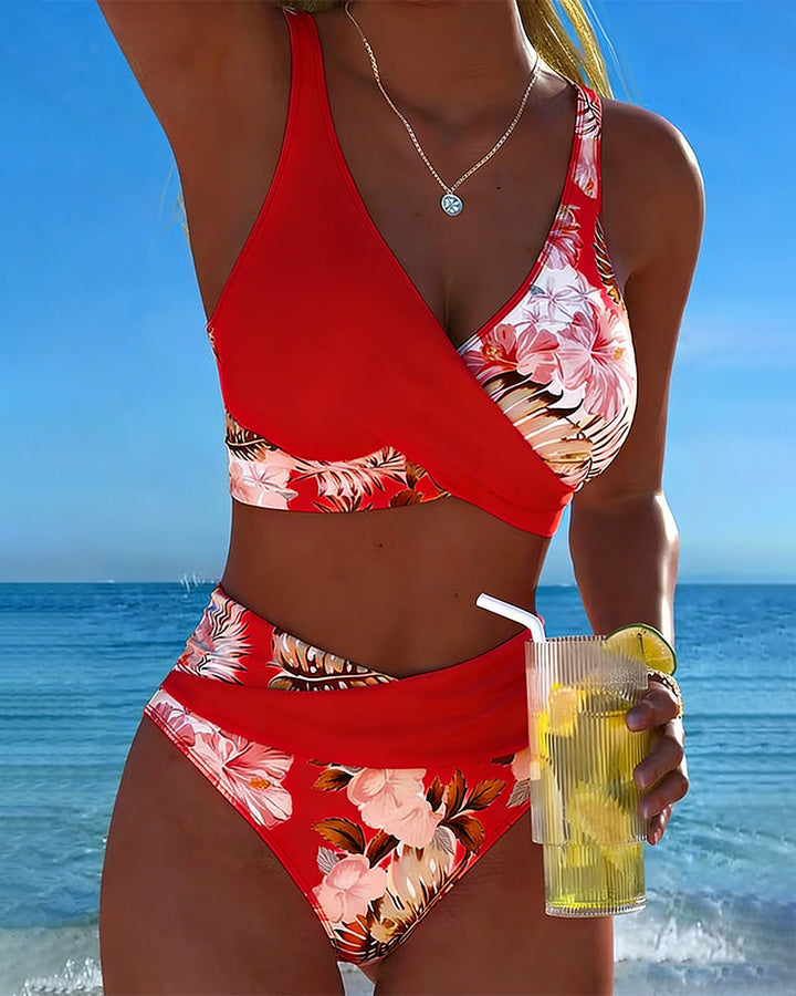 Bikini Contraste Patrón de Flores Dividido