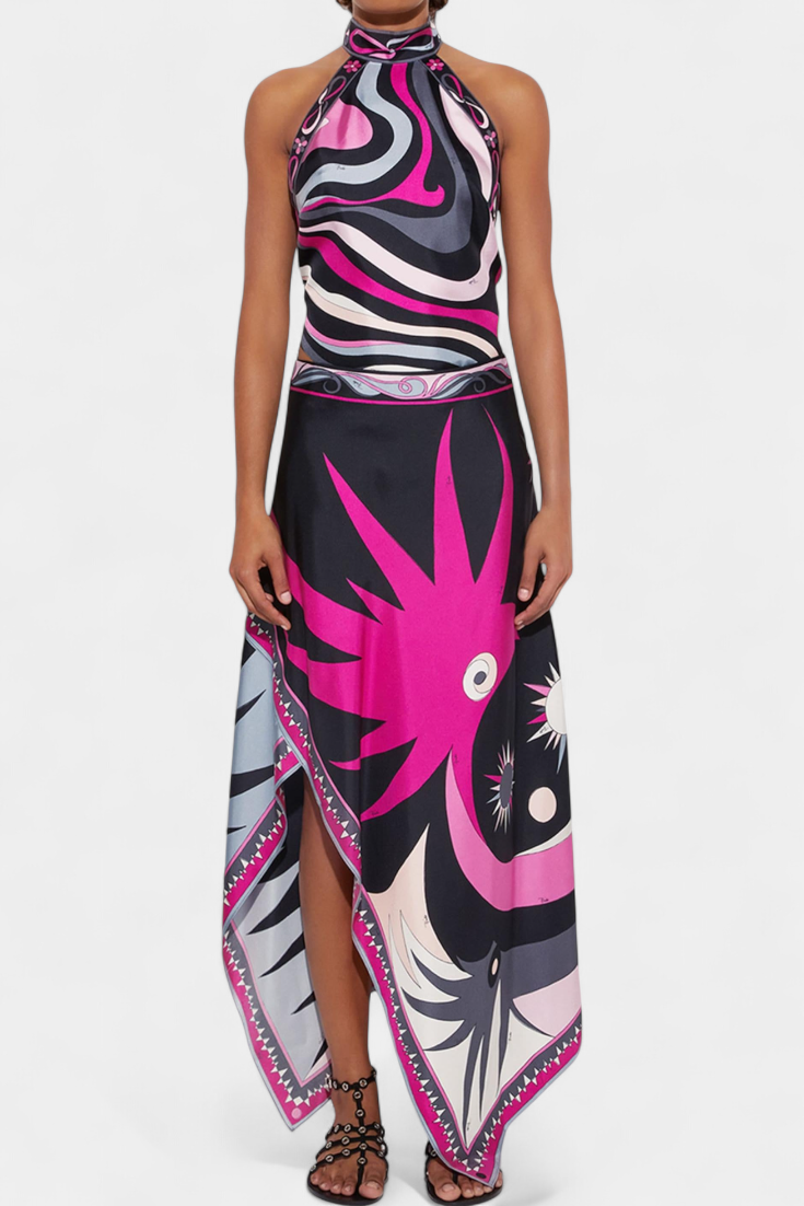 Ciana Satin Set with Abstract Skirt and Halter Top
