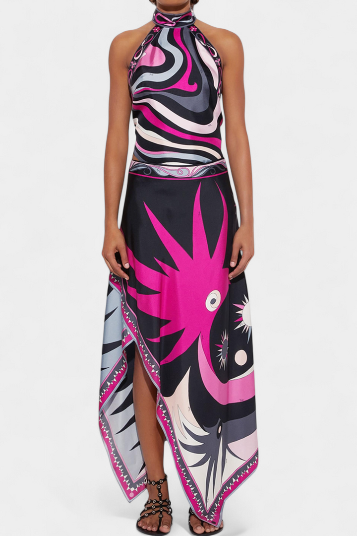 Ciana Satin Set with Abstract Skirt and Halter Top