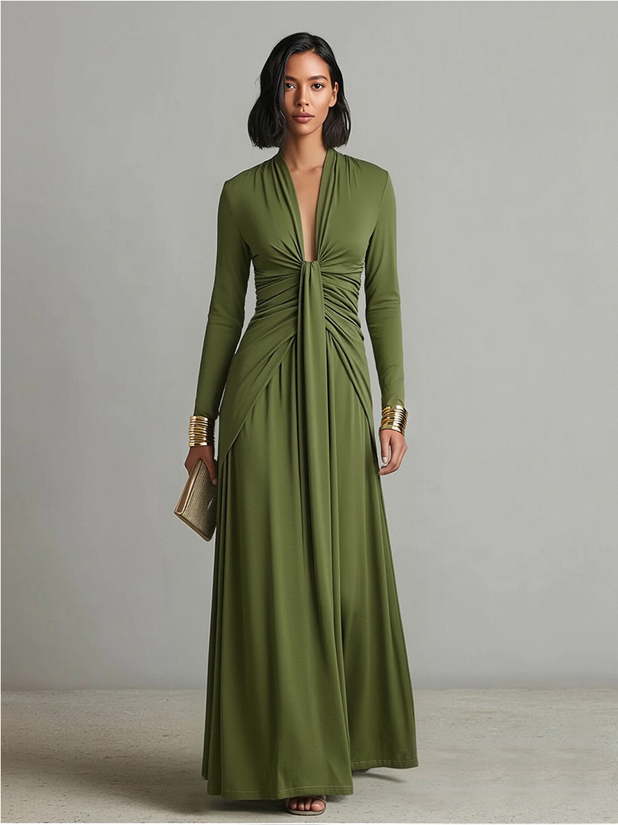 Vestido Maxi de Seda Oliva con Escote en V
