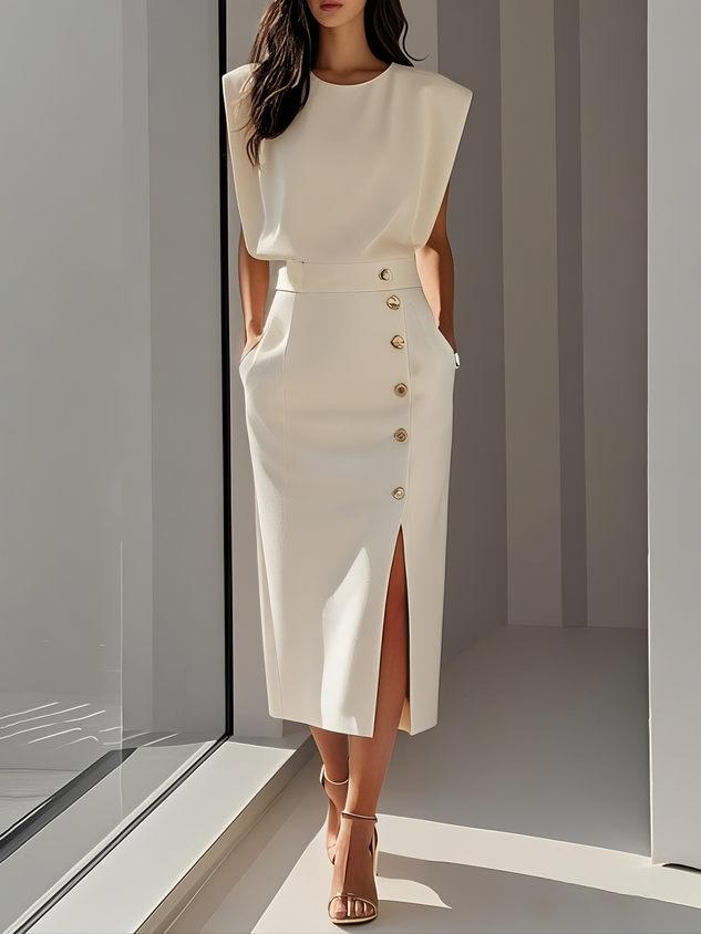 Marlene™ | Vestido Midi Sólido con Abertura de Botón y Escote Redondo