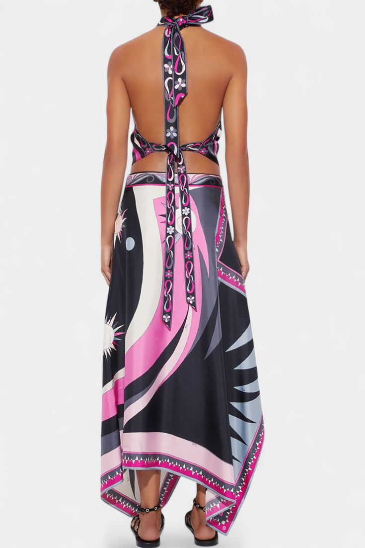 Ciana Satin Set with Abstract Skirt and Halter Top