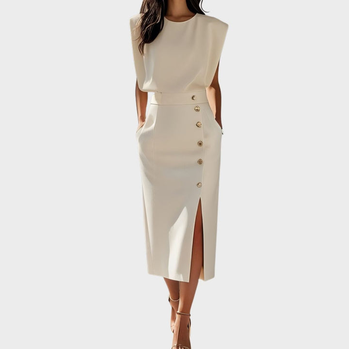 Marlene™ | Vestido Midi Sólido con Abertura de Botón y Escote Redondo