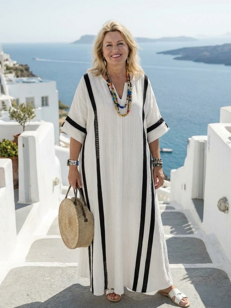 Sopalmo | Vestido Maxi de Manga Corta con Rayas en Bloques de Color