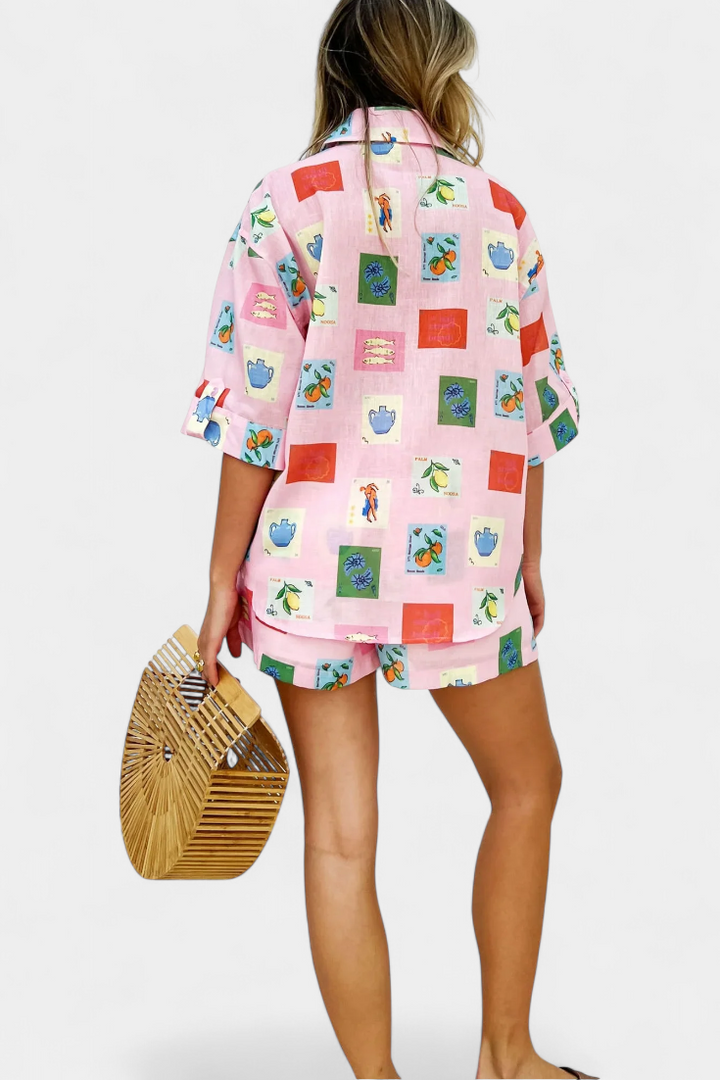Mariluz Conjunto de Camisa y Shorts con Estampado Rosa
