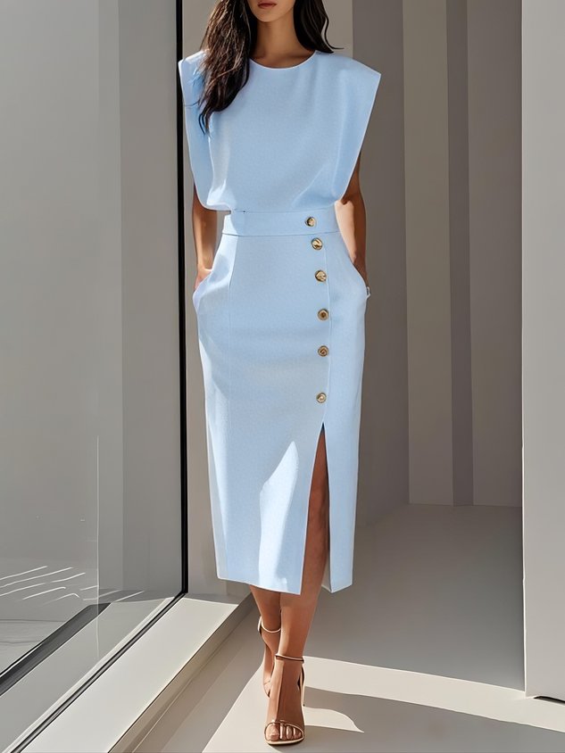 Marlene™ | Vestido Midi Sólido con Abertura de Botón y Escote Redondo