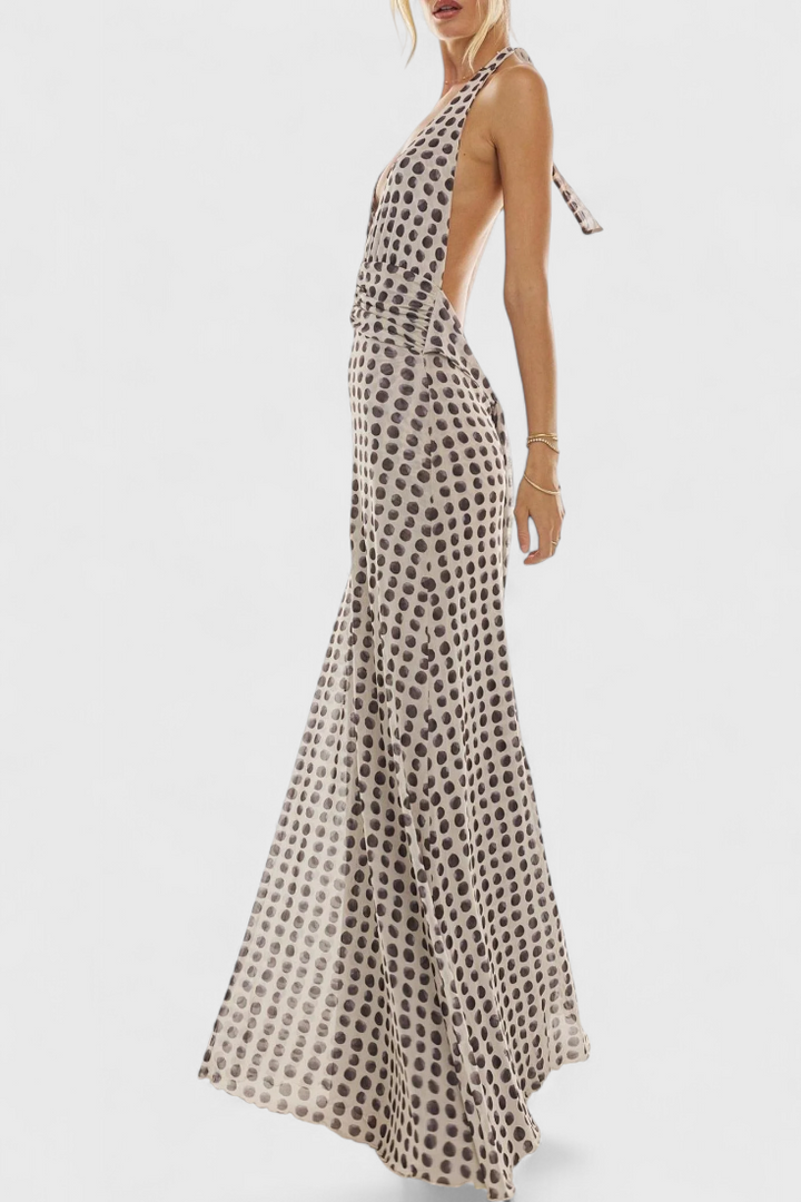 Melodía Vestido Maxi de Lunares con Escote Halter y Cintura Fruncida