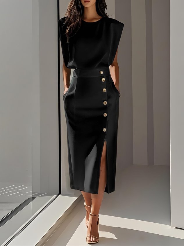 Marlene™ | Vestido Midi Sólido con Abertura de Botón y Escote Redondo
