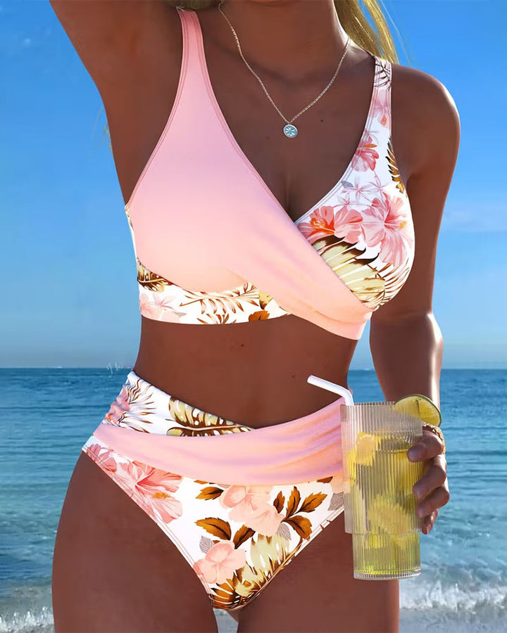 Bikini Contraste Patrón de Flores Dividido