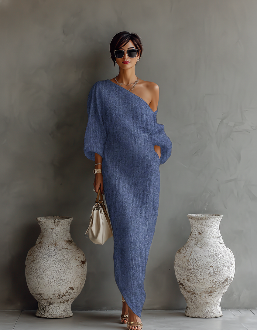 Vestido de lino color marfil sin hombros