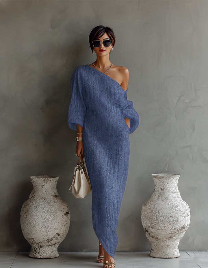 Vestido de lino color marfil sin hombros
