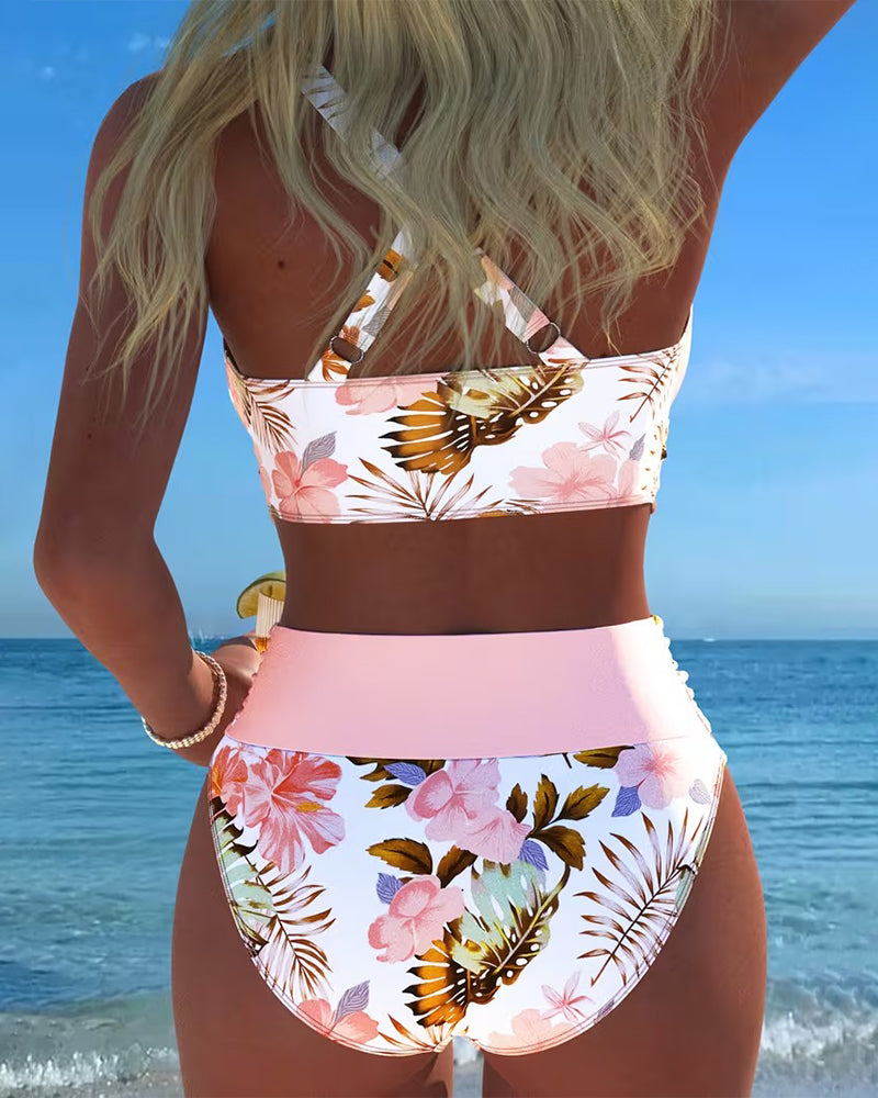 Bikini Contraste Patrón de Flores Dividido