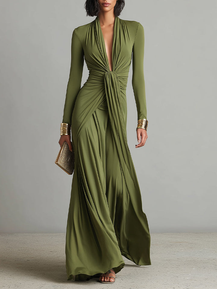 Vestido Maxi de Seda Oliva con Escote en V
