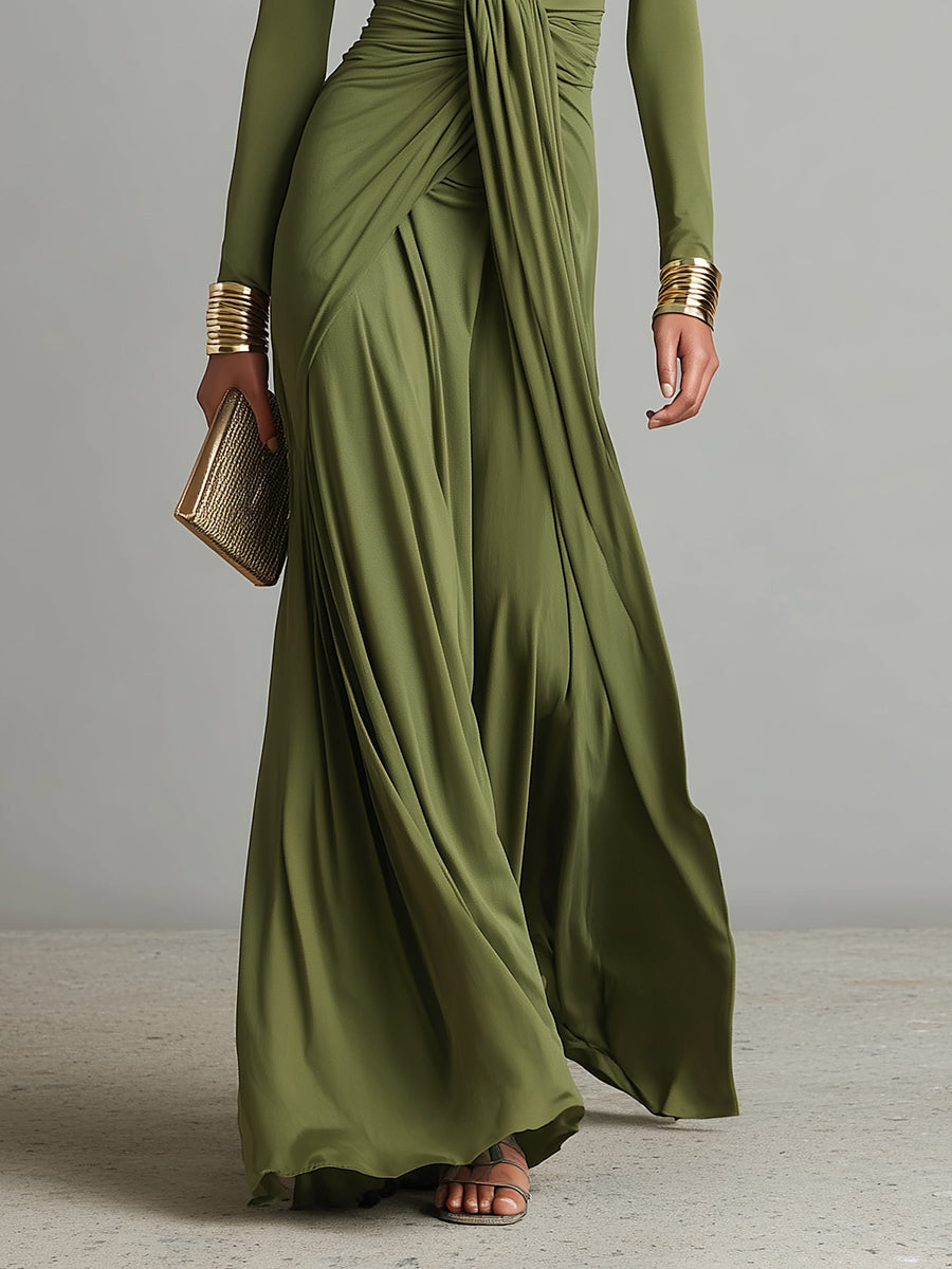 Vestido Maxi de Seda Oliva con Escote en V