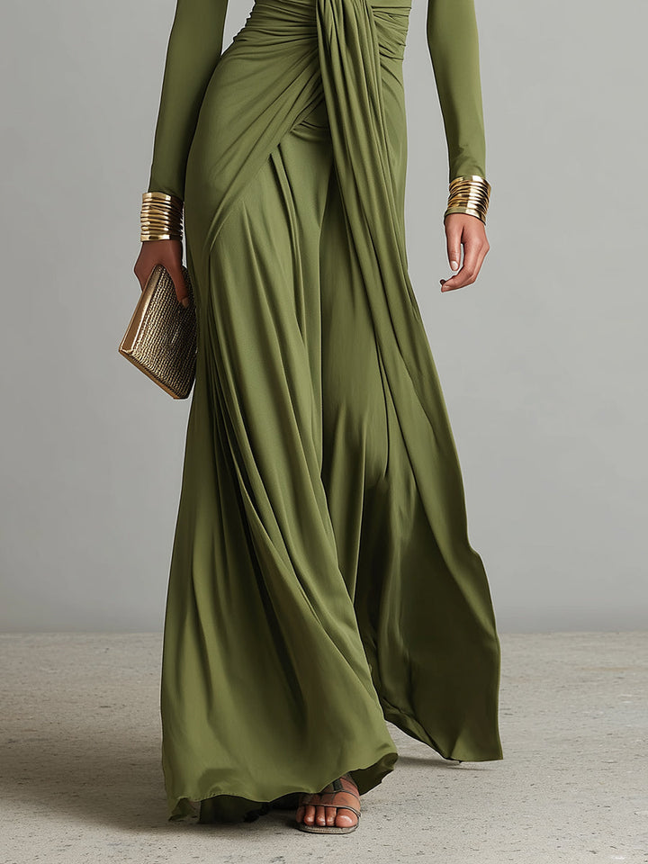 Vestido Maxi de Seda Oliva con Escote en V
