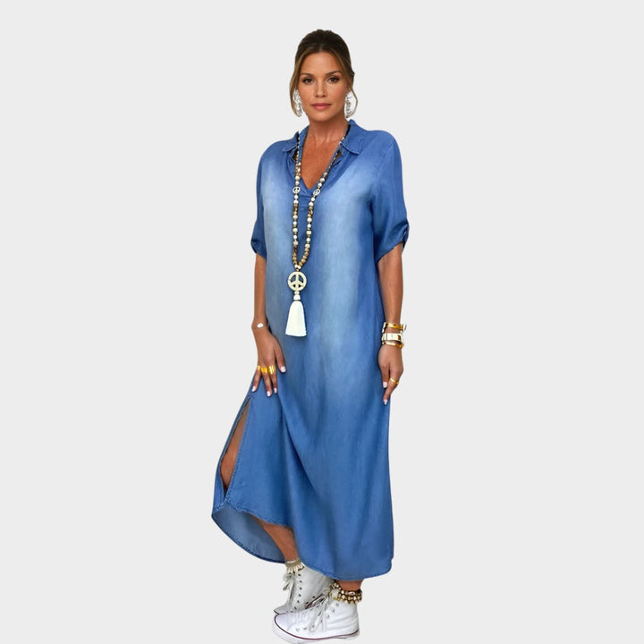 Lea™ | Vestido largo denim con abertura lateral