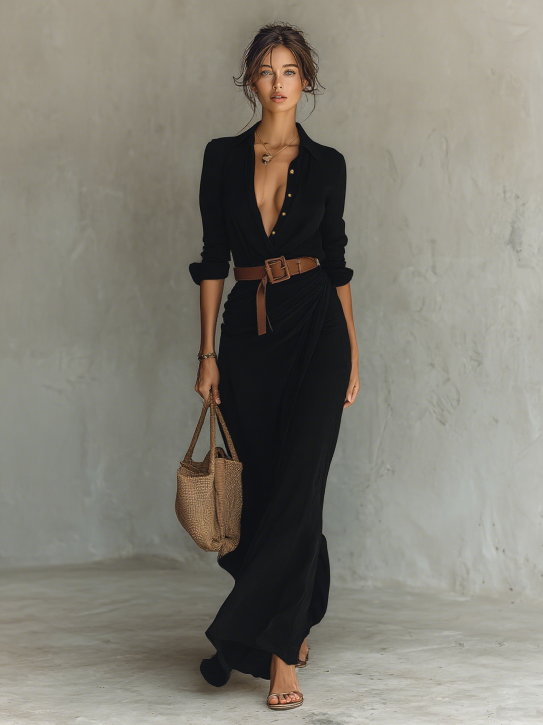 Maxivestido con cuello de solapa y manga larga