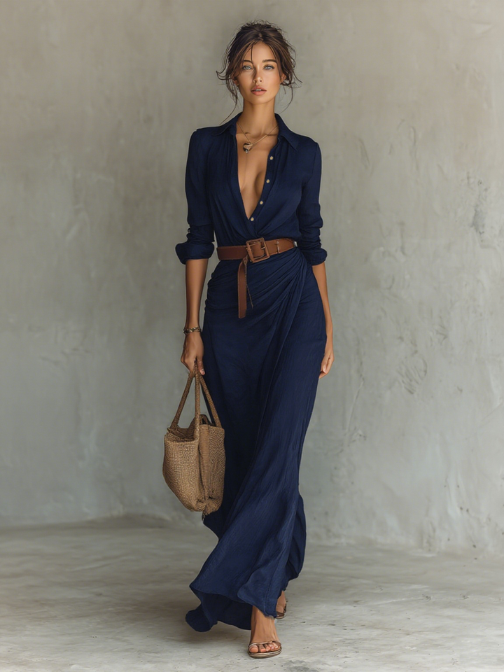Maxivestido con cuello de solapa y manga larga