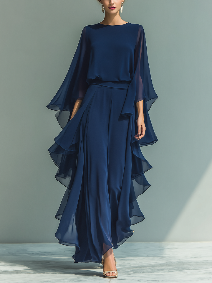 Conjunto de Chiffon Azul Marino con Volantes