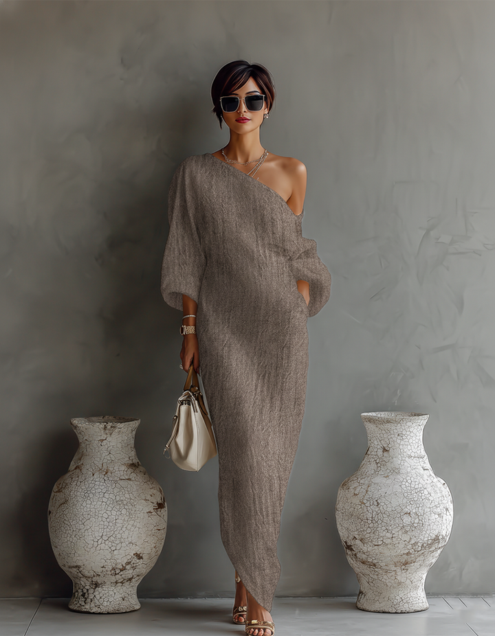 Vestido de lino color marfil sin hombros