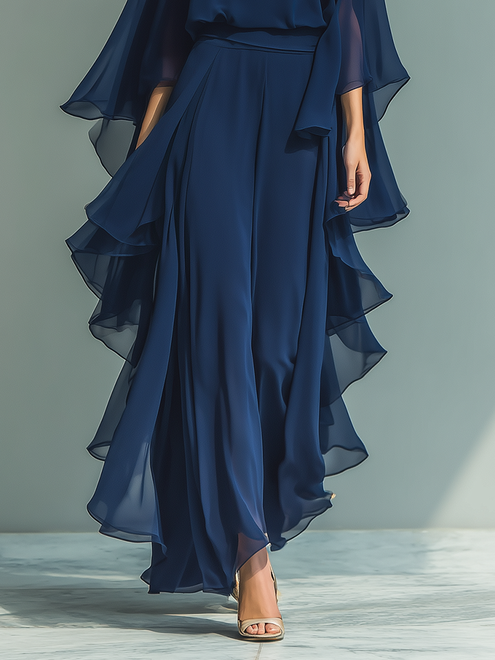 Conjunto de Chiffon Azul Marino con Volantes