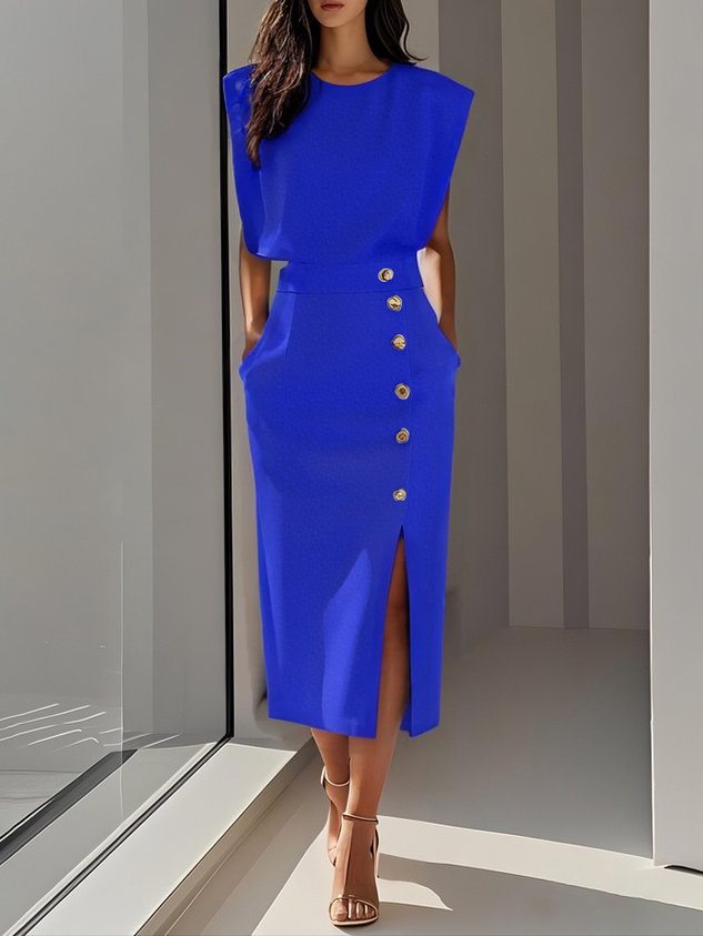 Marlene™ | Vestido Midi Sólido con Abertura de Botón y Escote Redondo