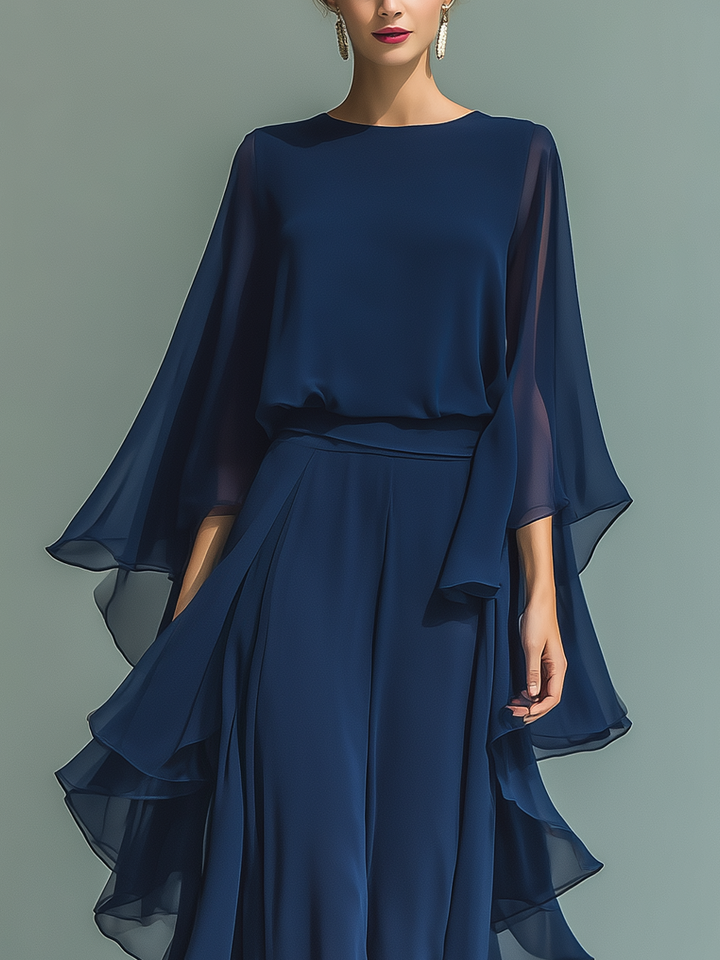 Conjunto de Chiffon Azul Marino con Volantes