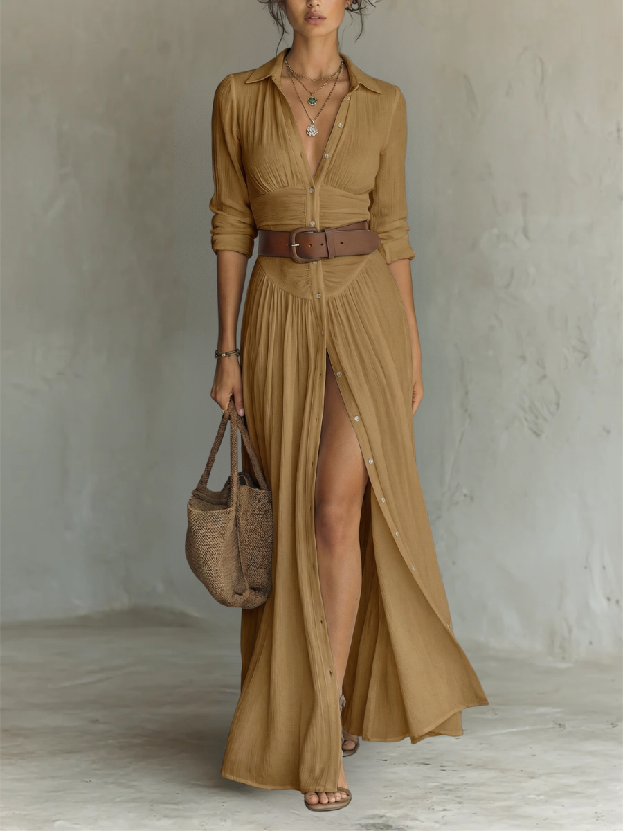 Vestido Maxi de Lino con Cuello de Solapa y Manga Larga
