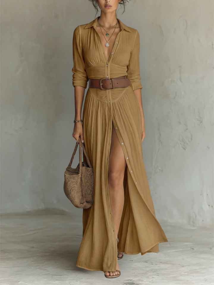 Vestido Maxi de Lino con Cuello de Solapa y Manga Larga