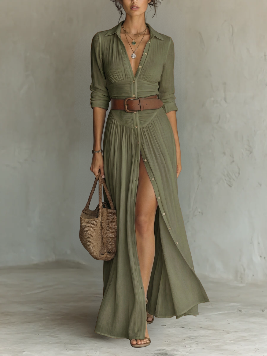 Vestido Maxi de Lino con Cuello de Solapa y Manga Larga