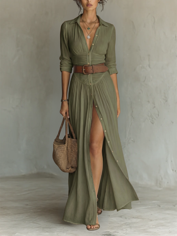 Vestido Maxi de Lino con Cuello de Solapa y Manga Larga