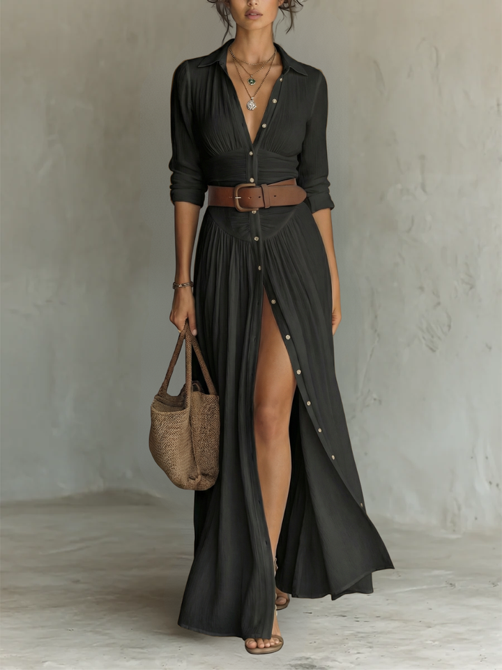 Vestido Maxi de Lino con Cuello de Solapa y Manga Larga