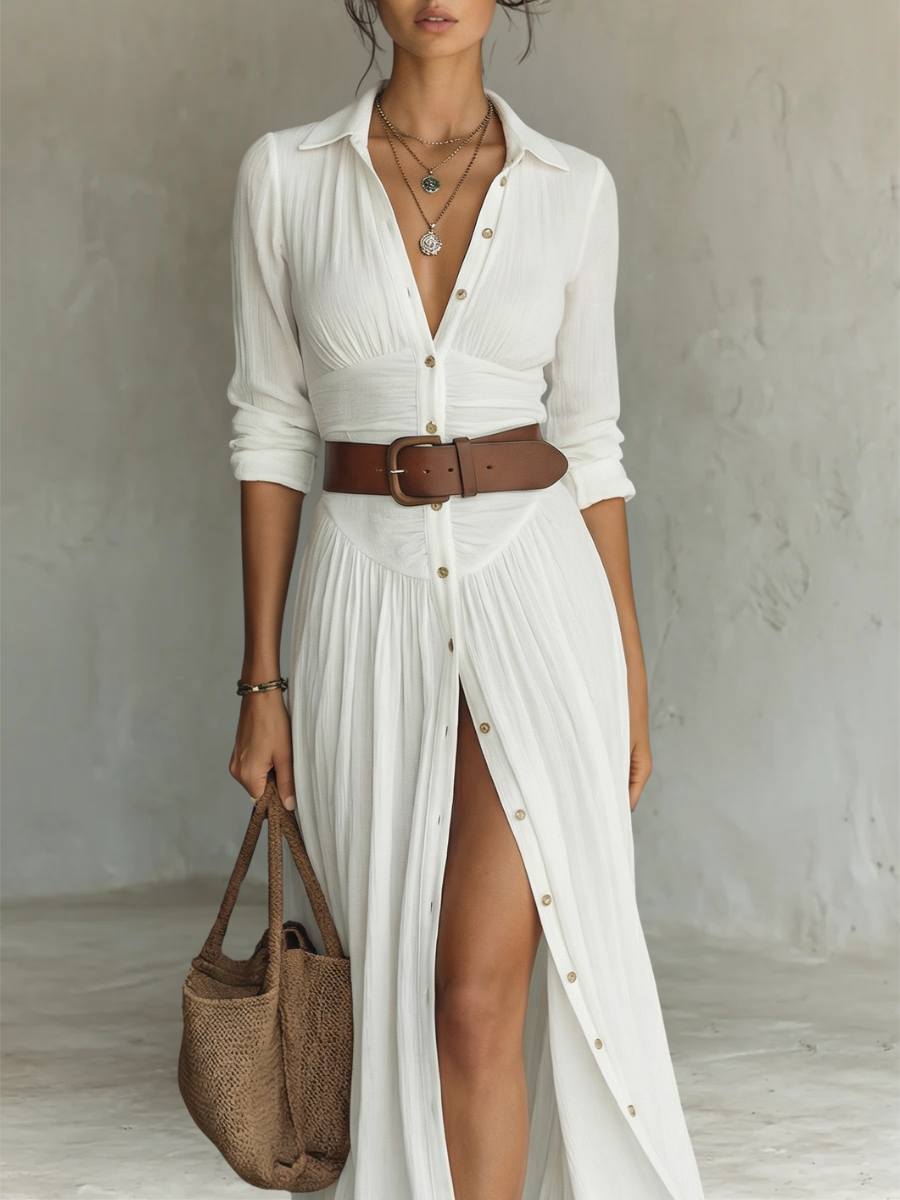 Vestido Maxi de Lino con Cuello de Solapa y Manga Larga