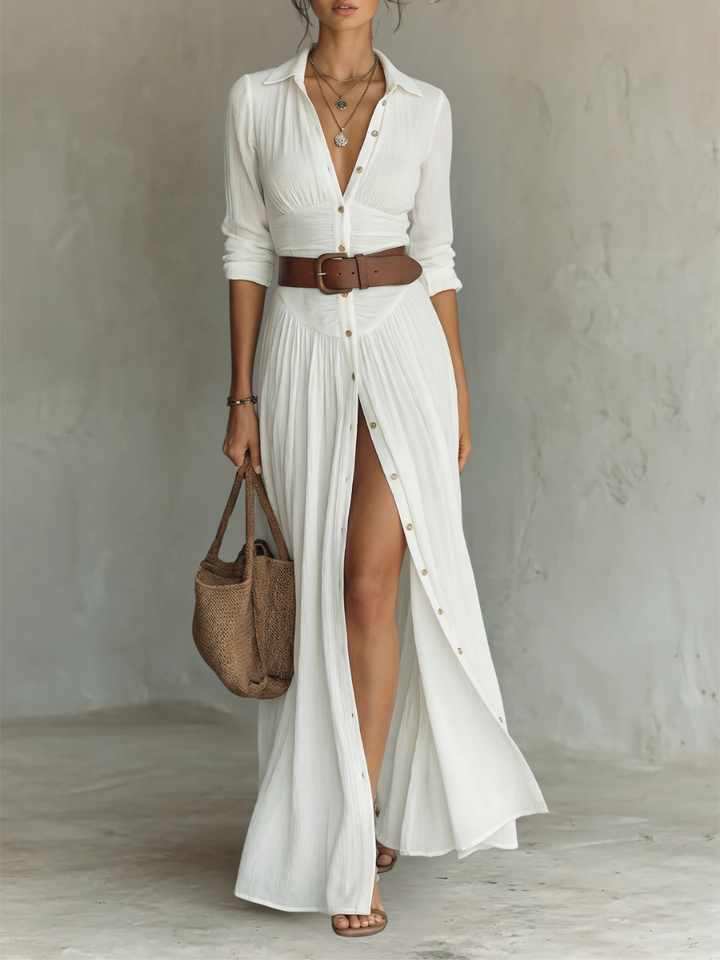 Vestido Maxi de Lino con Cuello de Solapa y Manga Larga
