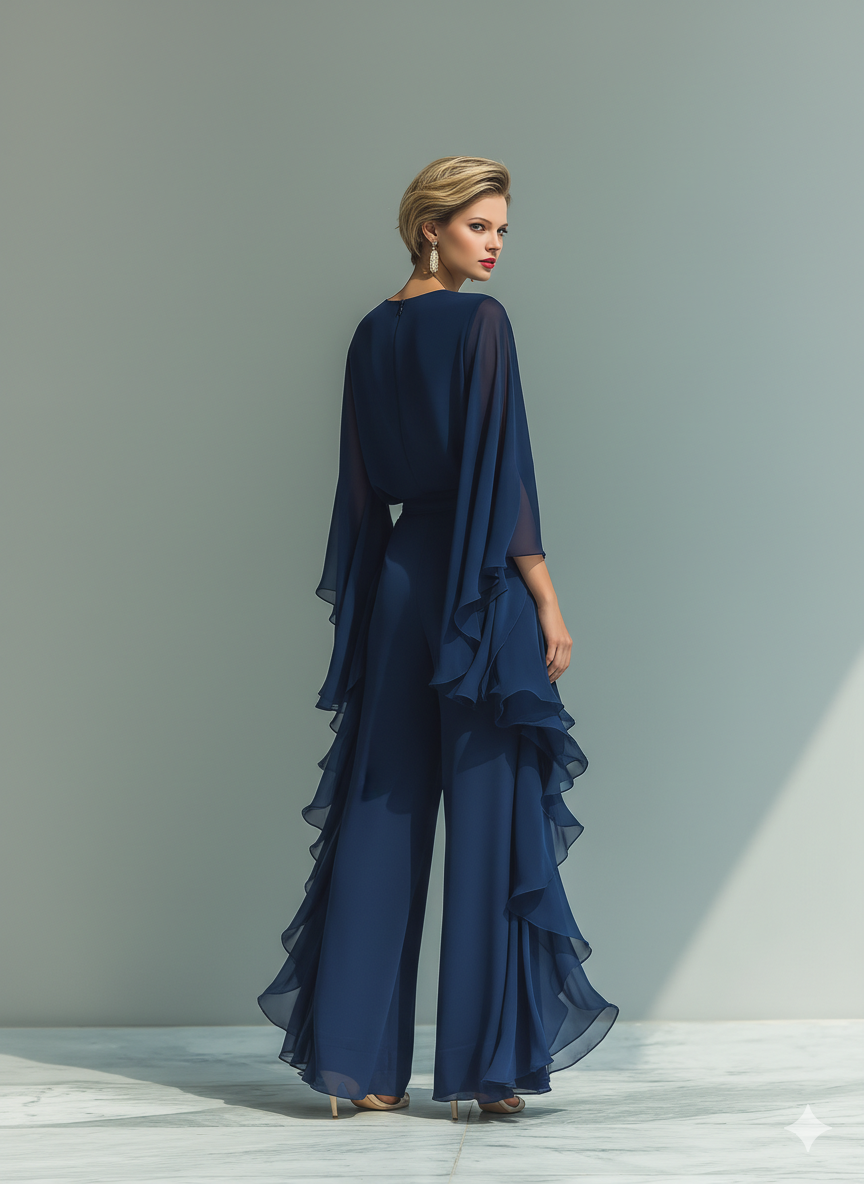 Conjunto de Chiffon Azul Marino con Volantes