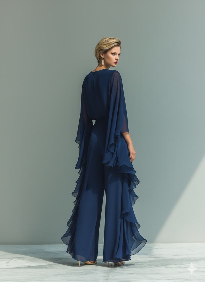 Conjunto de Chiffon Azul Marino con Volantes