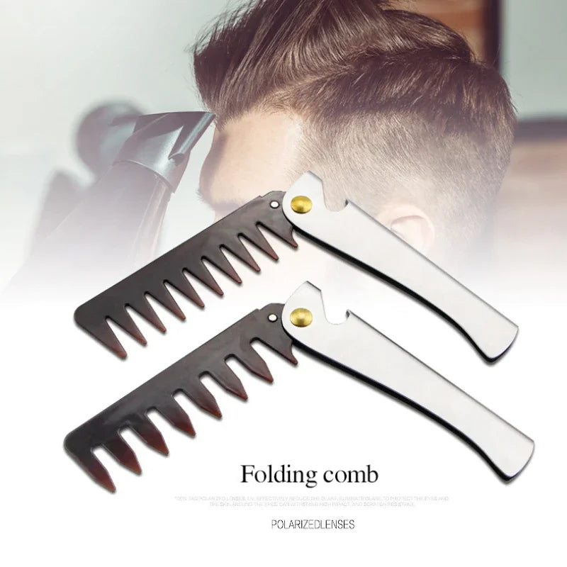 Pente de cabeça de óleo retrô portátil masculino, pente dobrável de aço inoxidável, estilo de cabeleireiro, pente de dentes largos, modelagem de textura, pentes de aço