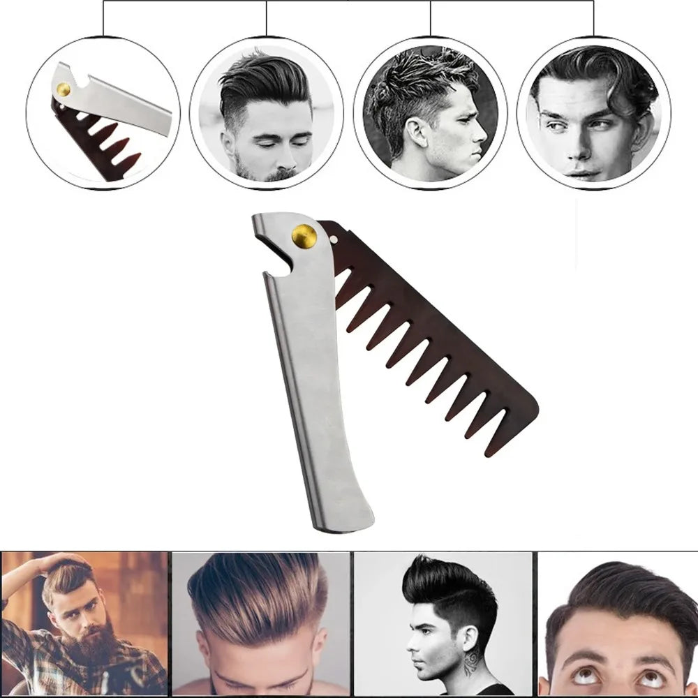 Pentes de aço dobráveis para homens, pente portátil, bolso dobrável, ferramenta de metal, dentes para cabelo e barba, fácil de usar
