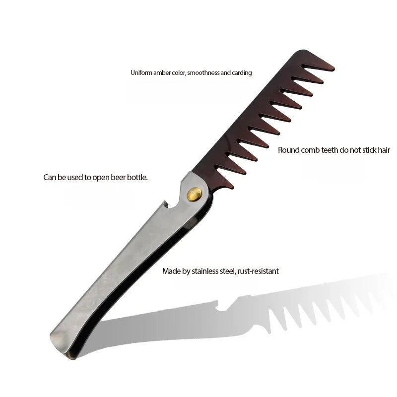 Pente de cabeça de óleo retrô portátil masculino, pente dobrável de aço inoxidável, estilo de cabeleireiro, pente de dentes largos, modelagem de textura, pentes de aço
