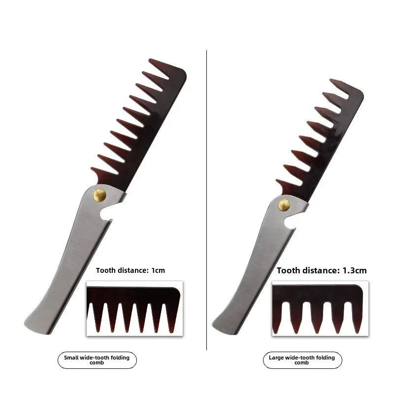 Pente de cabeça de óleo retrô portátil masculino, pente dobrável de aço inoxidável, estilo de cabeleireiro, pente de dentes largos, modelagem de textura, pentes de aço